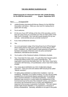 1 the HON. MURRAY GLEESON AC QC Edited Transcript of a Three-Part