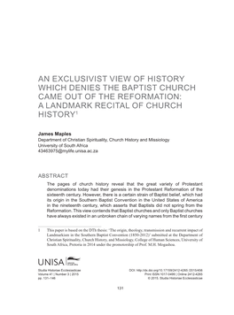 An Exclusivist View of History Which Denies the Baptist Church Came out of the Reformation: a Landmark Recital of Church History1