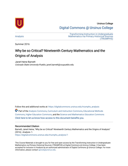 Nineteenth Century Mathematics and the Origins of Analysis
