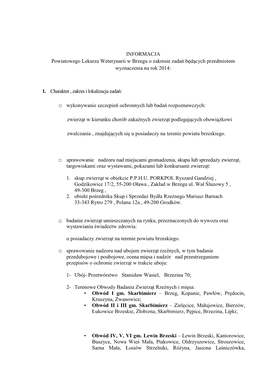 INFORMACJA Powiatowego Lekarza Weterynarii W Brzegu O Zakresie Zada Ń B Ędących Przedmiotem Wyznaczenia Na Rok 2014