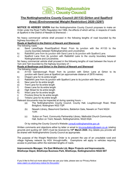 A1133 Girton and Spalford Area) (Environmental Weight Restriction) 2020 (3297