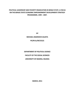 Political Leadership and Poverty Eradication in Benue State: a Focus on the Benue State Economic Empowerment Development Strategy Programme, 1999 – 2007