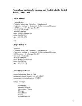 Normalized Earthquake Damage and Fatalities in the United States: 1900 - 2005