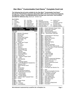 Star Wars™ Customizable Card Game™ Complete Card List