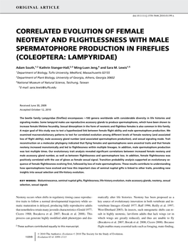Correlated Evolution of Female Neoteny and Flightlessness with Male Spermatophore Production in Fireflies (Coleoptera: Lampyridae)