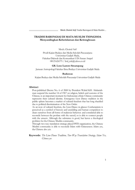 1 TRADISI BARONGSAI DI MATA MUSLIM TIONGHOA Menyandingkan Keberislaman Dan Ketionghoaan Abstract Keywords: the Lion Dance Trad