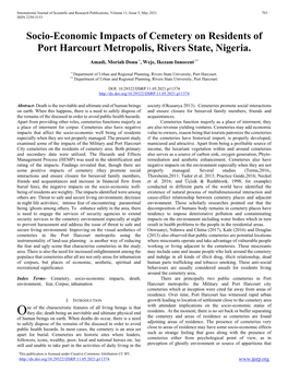 Socio-Economic Impacts of Cemetery on Residents of Port Harcourt Metropolis, Rivers State, Nigeria