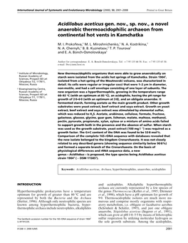 Acidilobus Aceticus Gen. Nov., Sp. Nov., a Novel Anaerobic Thermoacidophilic Archaeon from Continental Hot Vents in Kamchatka