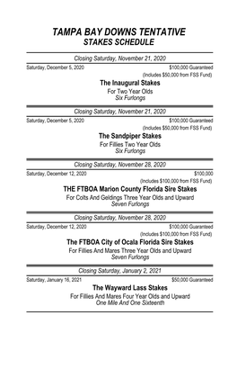 Tampa Bay Downs Tentative Stakes Schedule