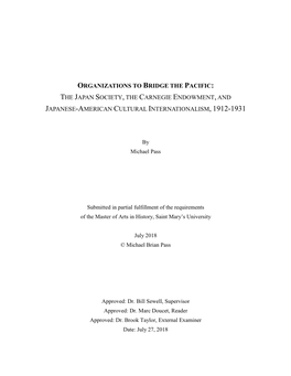 Organizations to Bridge the Pacific: the Japan Society, the Carnegie Endowment, and Japanese-American Cultural Internationalism, 1912-1931