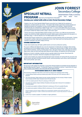 SPECIALIST NETBALL Cricket Music Netball Tennis PROGRAM Approved by the Department of Education