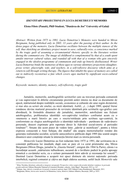 IDENTITARY PROJECTIONS in LUCIA DEMETRIUS's MEMOIRS Elena Filote (Panait), Phd Student, ”Dunărea De Jos” University of Ga