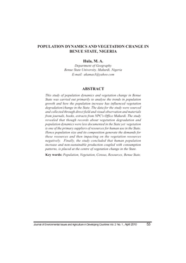 Population Dynamics and Vegetation Change in Benue State, Nigeria