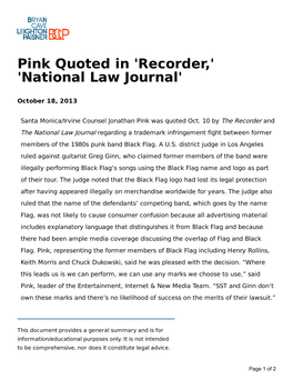 Pink Quoted in 'Recorder,' 'National Law Journal'