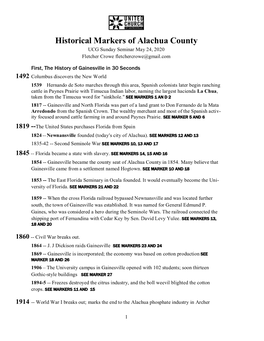 Historical Markers of Alachua County UCG Sunday Seminar May 24, 2020 Fletcher Crowe Fletchercrowe@Gmail.Com