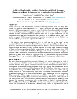 Sullivan Mine Fatalities Incident: Site Setting, Acid Rock Drainage Management, Land Reclamation and Investigation Into the Fatalities1