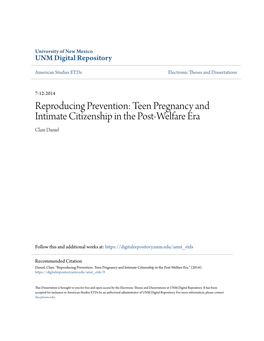 Teen Pregnancy and Intimate Citizenship in the Post-Welfare Era Clare Daniel