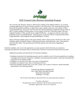 2020 Vermont Lake Monsters Internship Program