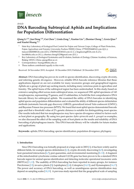 DNA Barcoding Subtropical Aphids and Implications for Population Diﬀerentiation