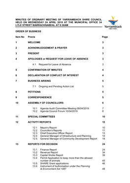 Agenda of the Council Meeting of the Yarriambiack Shire Council Held at 5.00 Pm on Tuesday 16 Amy 1995 in the Municipal Chamber