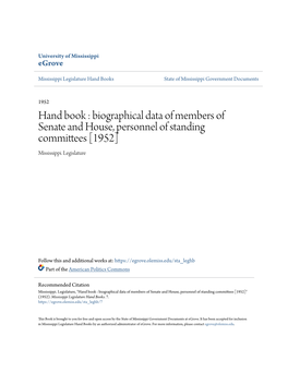 Hand Book : Biographical Data of Members of Senate and House, Personnel of Standing Committees [1952] Mississippi