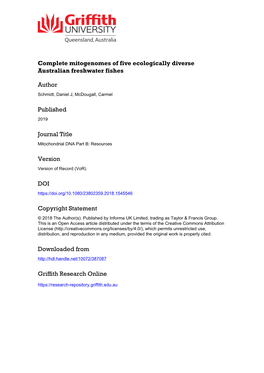 Complete Mitogenomes of Five Ecologically Diverse Australian Freshwater Fishes