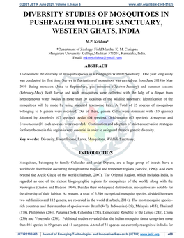 Diversity Studies of Mosquitoes in Pushpagiri Wildlife Sanctuary, Western Ghats, India