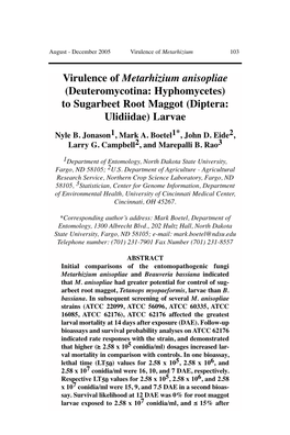 Virulence of Metarhizium Anisopliae (Deuteromycotina: Hyphomycetes) to Sugarbeet Root Maggot (Diptera: Ulidiidae) Larvae