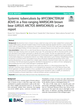 Systemic Tuberculosis by MYCOBACTERIUM BOVIS in a Free-Ranging MARSICAN Brown Bear (URSUS ARCTOS MARSICANUS): a Case Report