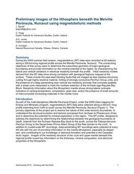 Preliminary Images of the Lithosphere Beneath the Melville Peninsula, Nunavut Using Magnetotelluric Methods J