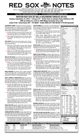 BOSTON RED SOX (67-88) at BALTIMORE ORIOLES (93-61) Sunday, September 21, 2014 • 1:35 P.M