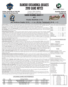 Rancho Cucamonga Quakes 2018 Game Notes