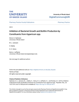 Inhibition of Bacterial Growth and Biofilm Production by Constituents from Hypericum Spp