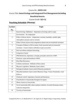 ENTO-242 Course Title: Insect Ecology and Integrated Pest Management Including Beneficial Insects. Course Credit: 3(2+1) Teaching Schedule (Theory)