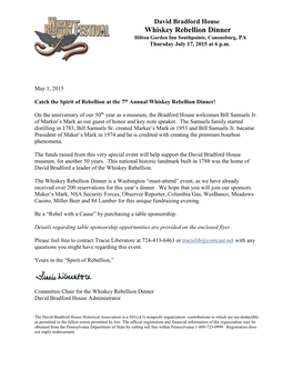 Whiskey Rebellion Dinner Hilton Garden Inn Southpointe, Canonsburg, PA Thursday July 17, 2015 at 6 P.M