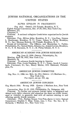 JEWISH NATIONAL ORGANIZATIONS in the UNITED STATES ALPHA EPSILON PI FRATERNITY Org