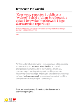 "Czerwony Reporter I Publicysta "Wolnej" Polski : Julian Stryjkowski : Epizod Lwowsko-Moskiewski I Jego Warszawskie Reperkusje