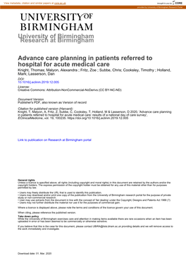 Advance Care Planning in Patients Referred to Hospital For
