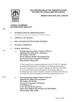 The Corporation of the Township of King the Twelfth Council Meeting Agenda