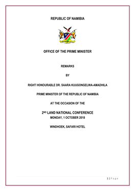 Republic of Namibia Office of the Prime Minister 2Nd Land