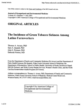 Journal of Occupational and Environmental Medicine Thomas A. Arcury, Phd Sara A. Quandt, Phd John S. Preisser, Phd Deborah Norto