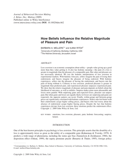 How Beliefs Influence the Relative Magnitude of Pleasure and Pain