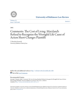 Maryland's Refusal to Recognize the Wrongful Life Cause of Action Short-Changes Plaintiffs T