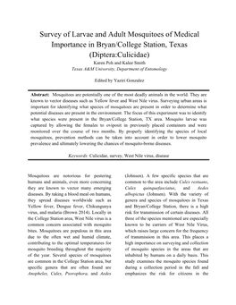 Diptera:Culicidae) Karen Poh and Kalee Smith Texas A&M University, Department of Entomology