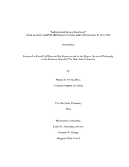 Slave Economy and Petit Marronage in Virginia and North Carolina, 1730 to 1860