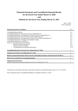 Consolidated Financial Results for the Fiscal Year Ended March 31, 2020 and Outlook for the Fiscal Year Ending March 31, 2021