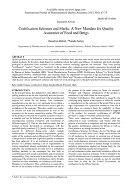 Certification Schemes and Marks: a New Mandate for Quality Assurance of Food and Drugs