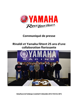 Communiqué De Presse Rinaldi Et Yamaha Fêtent 25 Ans D'une