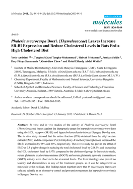 Phaleria Macrocarpa Boerl. (Thymelaeaceae) Leaves Increase SR-BI Expression and Reduce Cholesterol Levels in Rats Fed a High Cholesterol Diet