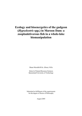 Ecology and Bioenergetics of the Gudgeon (Hypseleotris Spp.) in Maroon Dam: a Zooplanktivorous Fish in a Whole-Lake Biomanipulation